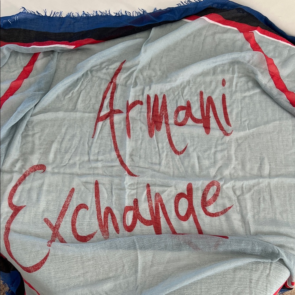 Armani Exchange Light Blue and Red Scarf with dark blue edge